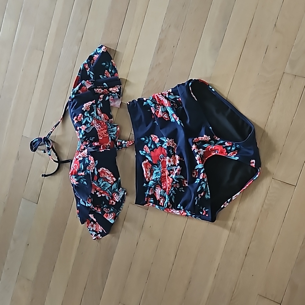 Navy Floral Ruffle High Waisted Bikini